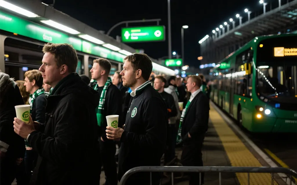 球迷在球场外使用公共交通与可重复使用杯具，城市夜景与绿色标识