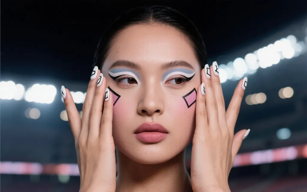 多国球迷在观赛场景中展示不同国家队配色的脸部与指甲彩绘细节