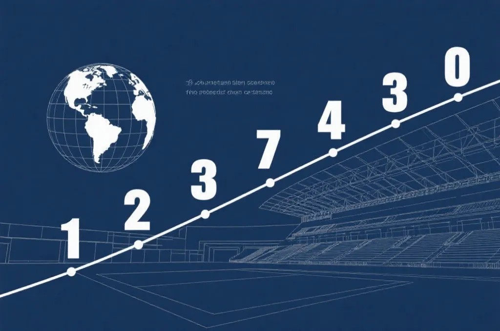 An abstract minimalist vector infographic timeline showing ascending numbers with a stylized globe and a modern stadium blueprint background