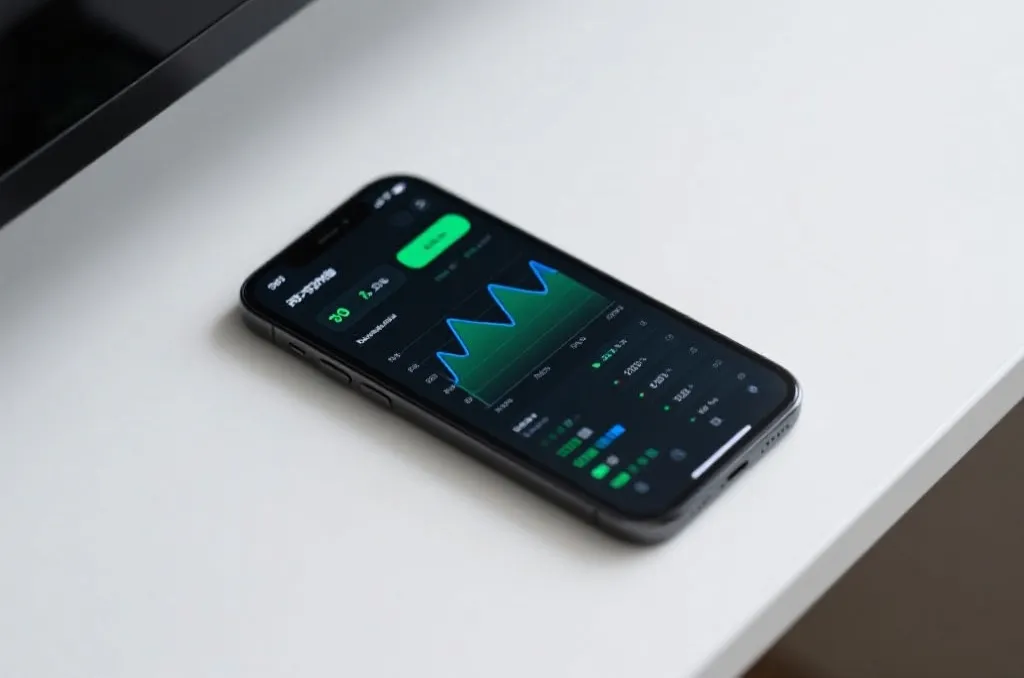 An unbranded smartphone lying on a clean workspace, showing a sleek sports analytics dashboard with real-time green and blue graphs, modern minimalist background